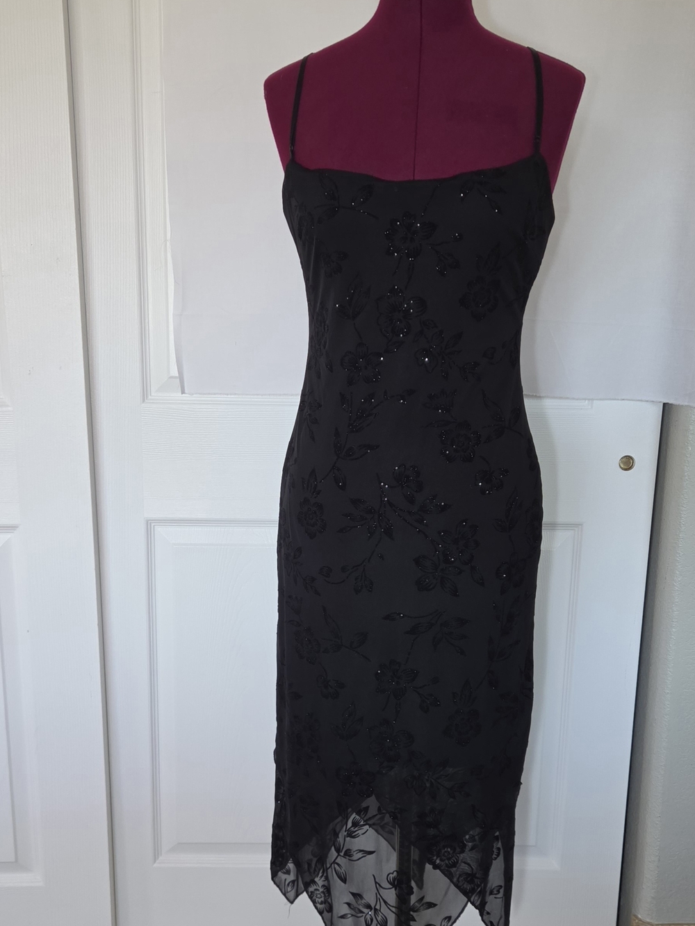 Vintage Y2k Black Slip Dress Floral  Glitter Hank Hem M Whimsigoth Fairy